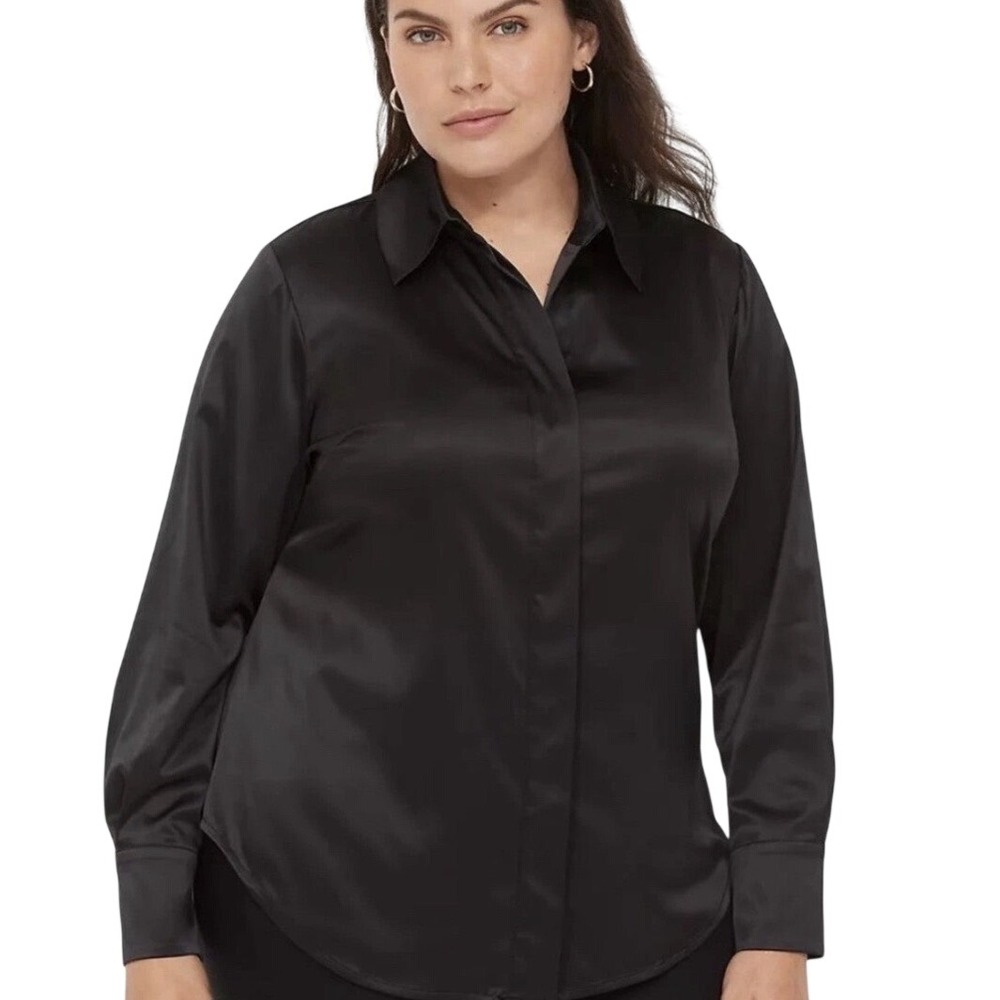 Lane Bryant Satin Black Long Sleeve Button Down Blouse Women's Plus Size 22/24